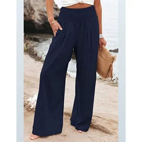 New Palazzo Pants For Women Wide Leg Comfy Flowy Pants, Navy Blue - Picture 3 of 5